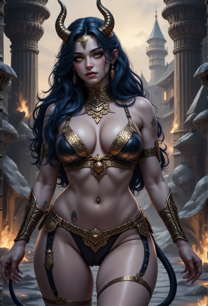 a woman, has horns on her head, long dark blue demonic tail, dark blue-gray skin, long blue hair, voluptuous body, golden yellow snake eyes, elf ears, wearing a black bikini like sorceress armor, many gold adornments on the body, large gold pendant on the chest, magical rune markings on the body, long sash between the legs, Detailed face and eyes, high resolution, photorealistic, studio lighting, vivid and extremely detailed colors, cinematic lighting, dramatic pose, intricate details. sharp focus, elegant, graceful, powerful, authoritative, confident, magnificent, impressive, majestic, grandiose, noble, regal, imposing, majestic. fantasy castle in hell setting