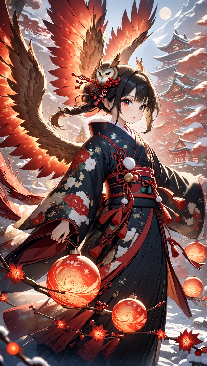     Christmas masterpieces  :1.2，    fantasy world ,     Japanese style  , ((Incarnation of Fire:1.1))，    Details，An owl is flapping its wings  ，    amazing  ，    professional photos   ，