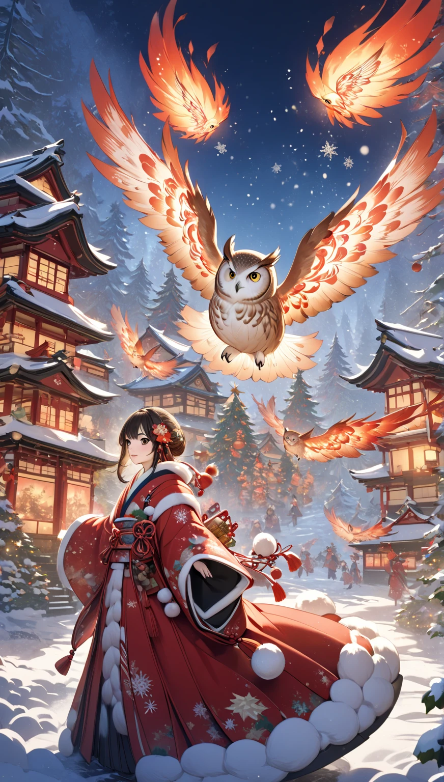 masterpiece  :1.2， christmas illustration，    fantasy world ,     Japanese style  , ((Incarnation of Fire:1.1))，    Details， Christmas Winter Scenery ，An owl is flapping its wings  ，    amazing  ，    professional photos   ，