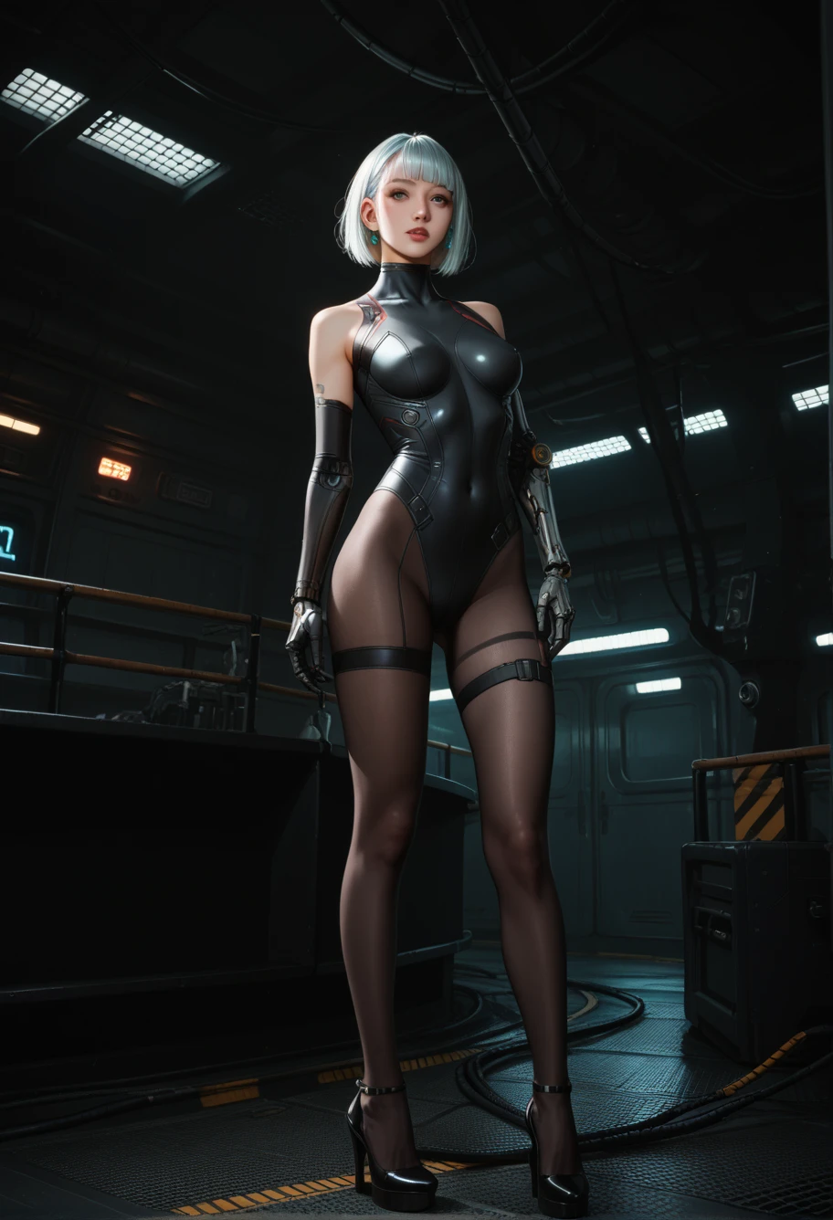 ,,cable,Science Fiction,,ruanyi1907, asymmetrical leg costume, Covered Navel ,Slim Fit, perspective , cyberpunk,Robotic Arm,bodystocking, bodysuit,Single boot,Wedge heels,Fraction_9,Fraction_8_up,Fraction_7_up,,8K,1 Girl, unique ,,