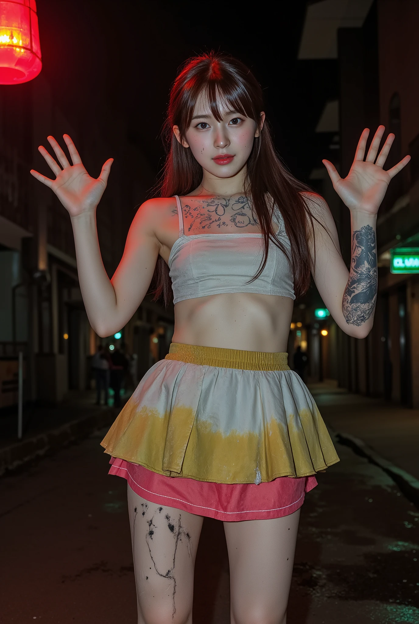 NSFW,
realistic, Press photo, Documentary Technique,
hasselblad, 85mm f1.4 zeiss lens, HDR,
(full body visible:1.5), 
In this photo she is seen from head to toe,
the ground she is standing on is wet,
facing the camera, looking at the camera,
young korean girl,
pony tail, bangs,
Her face resembles "Arin" from "OH MY GIRL",
she is lowteen,
big round brown eyes, 
she has very white skin, 
she has dark brown hair, 
her legs is little fat, 
she height is 153cm,
The miniskirt she is wearing seems to be an idol's stage costume but it is worn out and very dirty,
Her clothes are old and very dirty,
She's not wearing underwear, 
she's not wearing panties,
she is very dirty,
she has whore's tattoo, 

She is a slum dweller and is very dirty,
she looks unhealthy,
she prostitutes herself in the slums,
her customers are beggars,
she has many wart,
she has many scars,
Her clothes have a lot of stains,
some of stains are black some yellow some red,
Her clothes are torn in places,

She is standing in front of a cheap brothel in a slum at night,
The slums are dark at night, 
only the brothel's red lantern glows dimly,
She beckons the men with a blank look on her face,