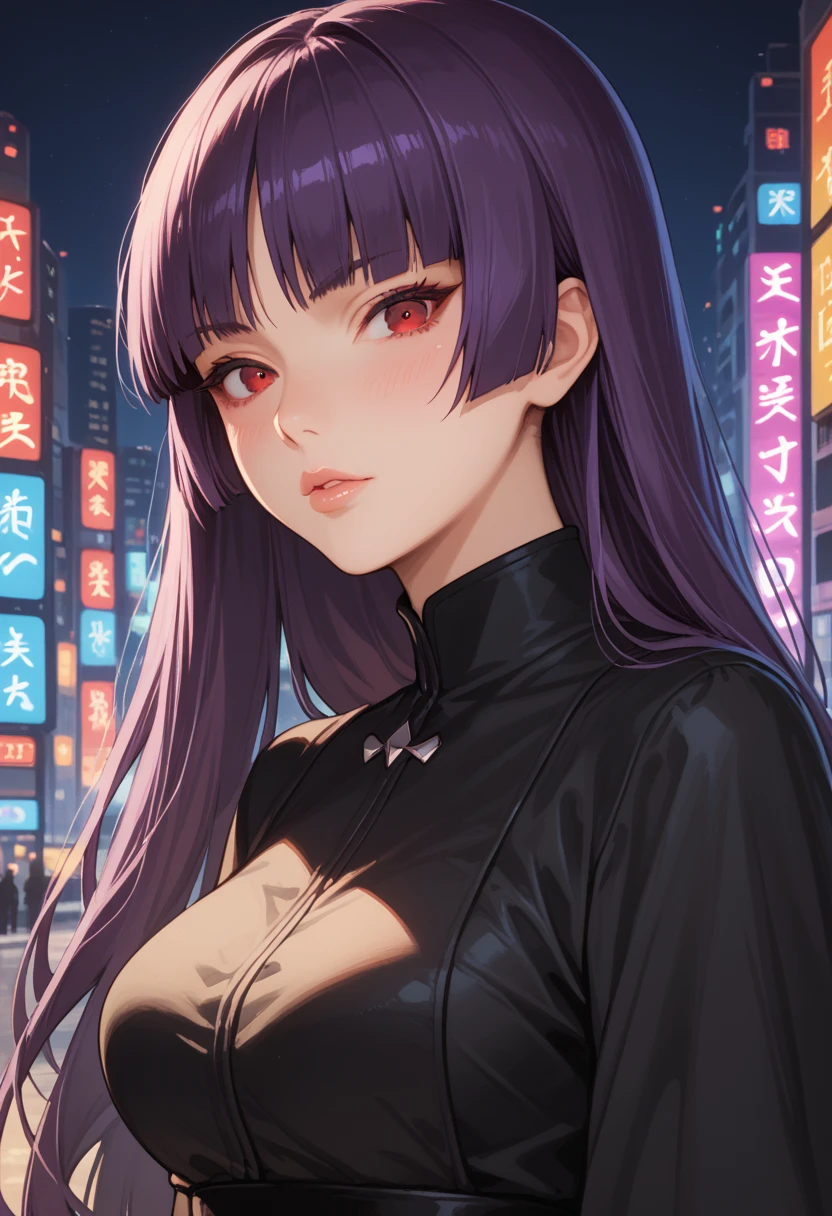 Score_9, score_8_up, score_7_up, score_6_up, source_anime, rating:general, 1girl, upper body, sabrina pokemon, purple hair, long hair, hime cut, stunning red eyes, pale skin, blush, perfect lips, sultry look, looking at viewer, black dress, medium sized breasts, neon city background, solo, 8k quality, vivid colors, perfect shadowing, perfect lighting, cowboy shot, looking at viewer, psychic powers, psychic aura 