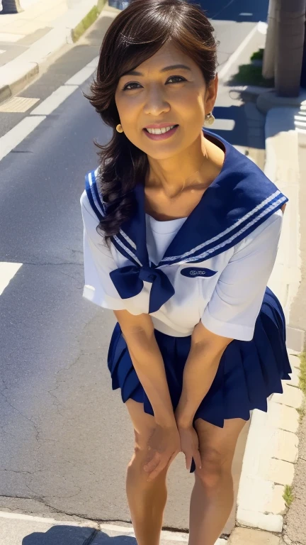 full body shot, from below,  japanese mature, 60 years old,  detailed face , smile, Facial wrinkles, Wrinkles around the eyes,  Detailed Skin Textures ,  white skin,  long hair , (curvy body,  plump thighs:1.3), (earrings,  Necklaces ,  sailor suit, school uniform, sailor uniform, sailor collar, sailor collar ribbon, Short sleeve,  navy blue pleated micro mini skirt:1.2), ( wears high heels:1.2), (Standing on the sidewalk,  full body shot from toe to head wearing black high heels,:1.2), (surrealism, best quality, ultra detailed, absolutely resolution, 8k, anatomically correct), depth of field, looking at viewer, (TI), (JMA), (kz),  detailed face , full body, 60 years oldの熟女がコスプレしている 