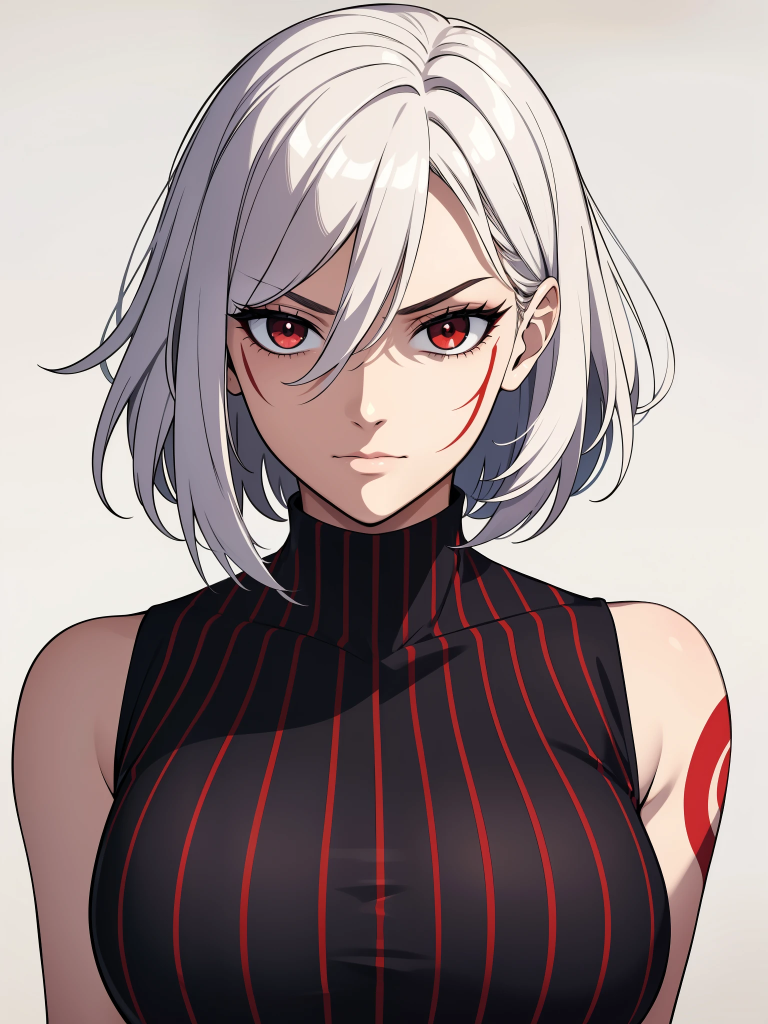 (high-quality, breathtaking),(expressive eyes, perfect face) 1female, girl, solo, young adult, short hair length, white hair, red eyes, black background, symmetrical eyes, portrait, symmetrical body, centred composition, simple background, cold expression, villain, ominous mood, red markings, red tattoos, sleeveless turtleneck shirt, confident, smug, stars background, half closed eyes,
