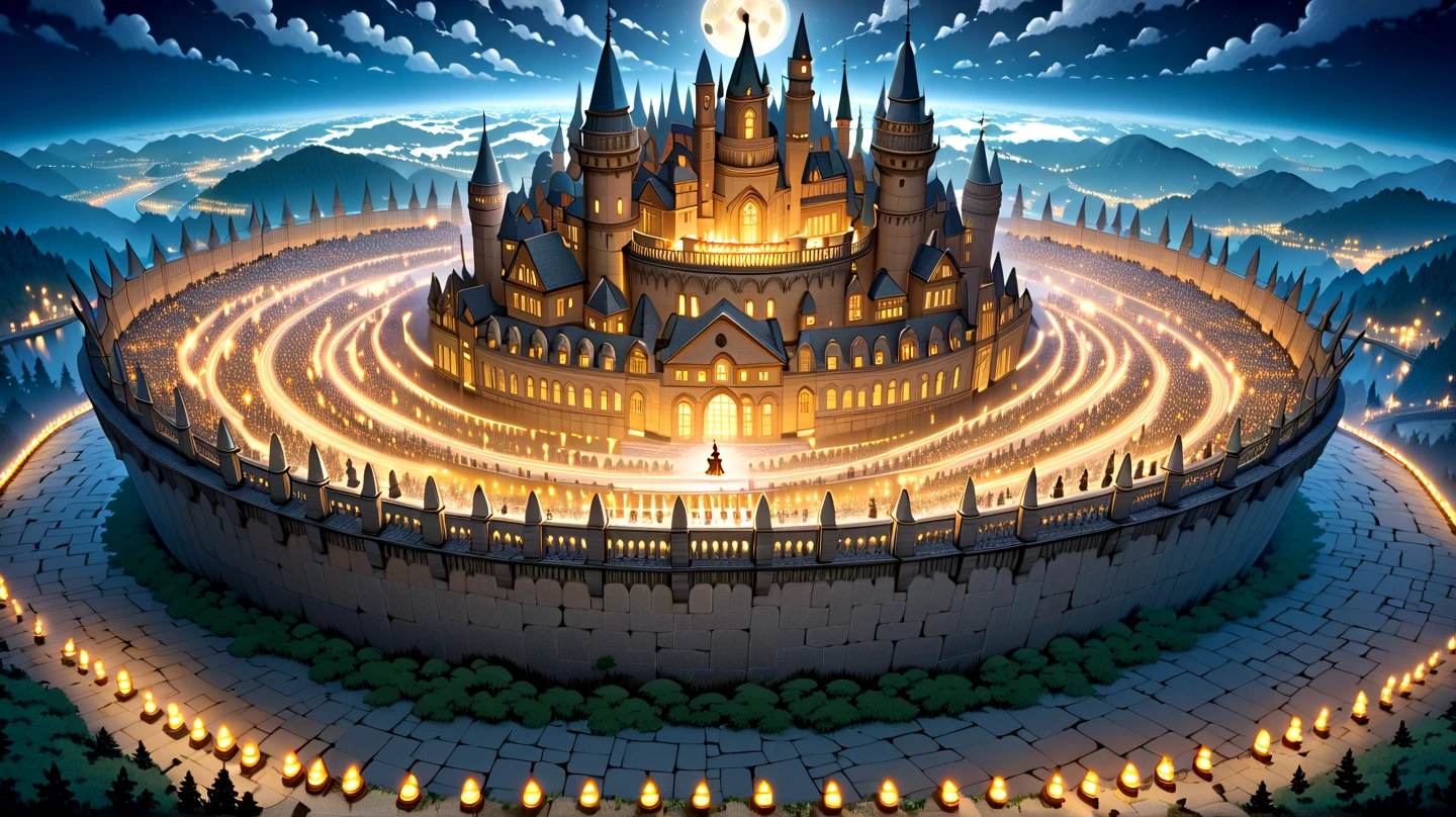 (masterpiece, ultra detailed, top quality:1.4), (Studio Ghibli, animation, PEAnimeBG), BREAK (huge peach moons:1.7), huge medieval European castle town, distant night view from above.