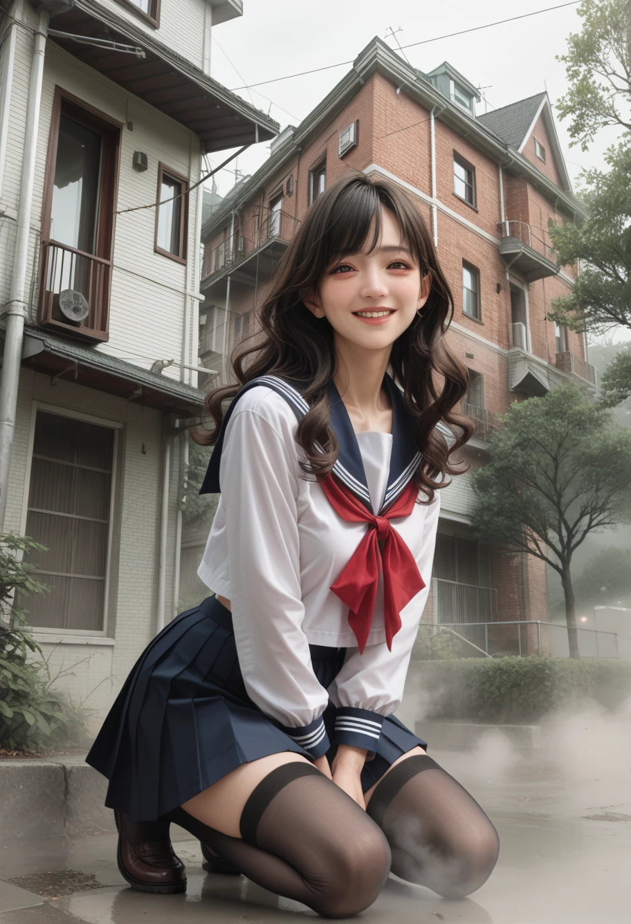 , Ruan Yi 1099 ,house,FOG,outdoor,One knee ,Kneeling,Double wearing ,pistol, sailor suit,Pleated Skirt, black stockings , white shirt , red bow,Fraction_9, Fraction_8_up, Fraction_7_up, Fraction_6_up, Fraction_9, Fraction_8_up, Fraction_7_up, Fraction_6_up source_ Japanese Cartoon ,  blush, Horny, 1 Girl,  seductive smile ,   perfect figure  , Big Natural Tits , source _ Japanese Cartoon ,, blond, long hair,Wavy Hair,