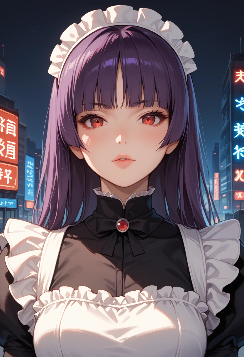 Score_9, score_8_up, score_7_up, score_6_up, source_anime, rating:general, 1girl, upper body, sabrina pokemon, purple hair, long hair, hime cut, stunning red eyes, pale skin, blush, perfect lips, sultry look, looking at viewer, maid outfit, frilled headdress, frills, lace trim, medium sized breasts, neon city background, solo, 8k quality, vivid colors, perfect shadowing, perfect lighting, cowboy shot, looking at viewer, psychic powers, psychic aura 