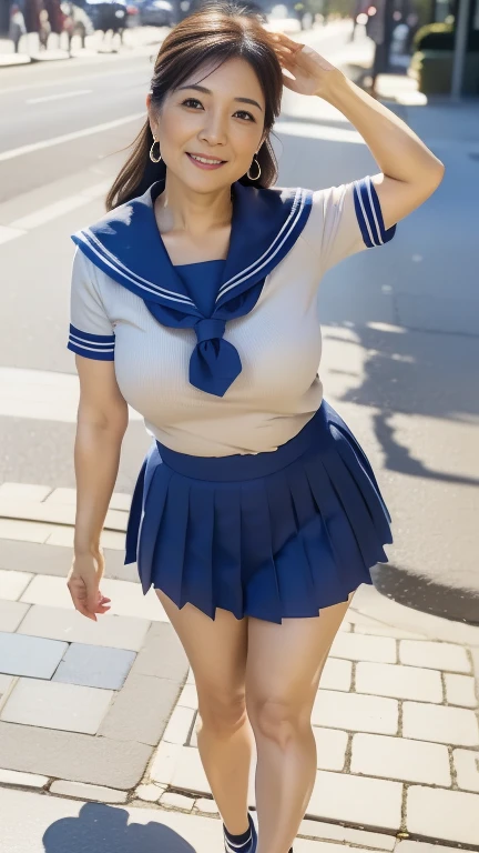 full body shot, from below,  japanese mature, 60 years old,  detailed face , smile, Facial wrinkles, Wrinkles around the eyes,  Detailed Skin Textures ,  white skin,  long hair , (curvy body,  plump thighs:1.3), (earrings,  Necklaces ,  sailor suit, school uniform, sailor uniform, sailor collar, sailor collar ribbon, Short sleeve,  navy blue pleated micro mini skirt:1.2), ( wears high heels:1.2), (Standing on the sidewalk,  full body shot from toe to head wearing black high heels,:1.2), (surrealism, best quality, ultra detailed, absolutely resolution, 8k, anatomically correct), depth of field, looking at viewer, (JMA), (kz),  detailed face , full body, arms ups, 60 years oldの熟女がコスプレしている
