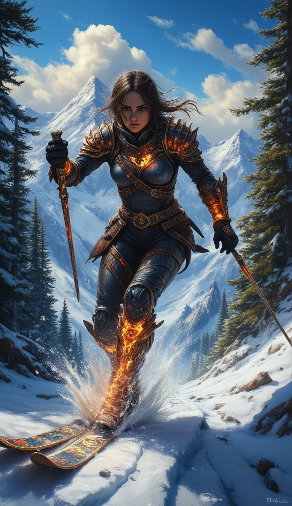 Fantasy, world of Warcraft, Women warrior, Ski sprint, go on ski throu mountain pass, tiredness, front to viewer, low angle shot, beautiful mountains background with some pine forest, oil painting, masterpiece, detailed, midjourneyv6.1, fantasy elemental