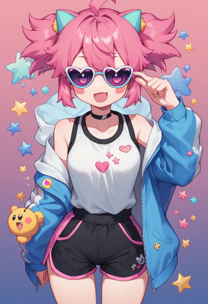 Score_9,score_8_up,score_7_up, muse_style, 1girl, solo,  mesugaki,:3,bunches,curvy,looking at viewer,blush stickers,colored sclera,pink hair,fang out,sports sunglasses,loose clothes,shorts,sprinkles,happiny,cartoonized,graffiti,pink theme,gradient background,