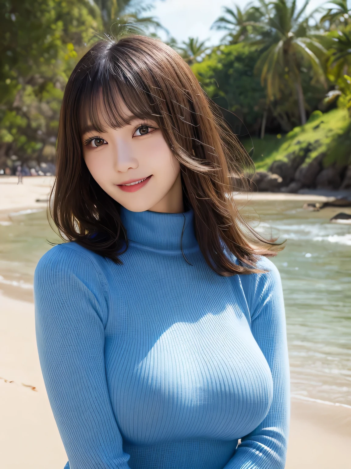 Araffe asian woman in blue turtle neck top on beach - SeaArt AI