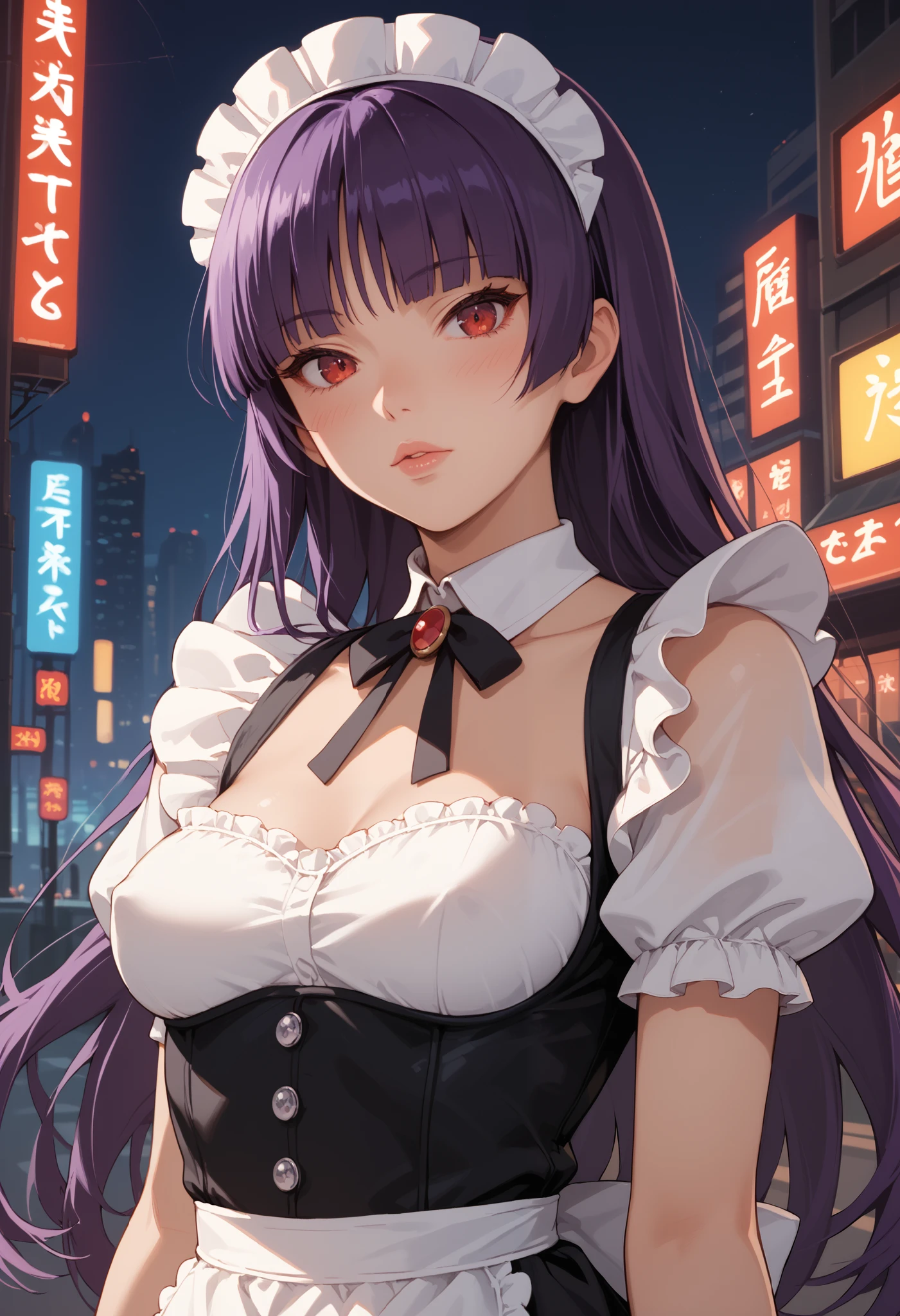 Score_9, score_8_up, score_7_up, score_6_up, source_anime, rating:general, 1girl, upper body, sabrina pokemon, purple hair, long hair, hime cut, stunning red eyes, pale skin, blush, perfect lips, sultry look, looking at viewer, maid outfit, frilled headdress, frills, lace trim, medium sized breasts, erect nipples, neon city background, solo, 8k quality, vivid colors, perfect shadowing, perfect lighting, cowboy shot, looking at viewer, psychic powers, psychic aura 