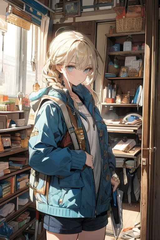 (the above:1.2, top quality), girl ,  platinum hair 、masterpiece,  top quality,  very detailed, 16k,  super high resolution ,  cowboy shot leading to the climax,  One Girl,  detailed face , Perfect means,  golden eyes,  blonde alone,  braided ,  Vest with Lots of Pockets ,  shorts, Explorer knife, Safari Hat, compass, telescope, map,   cluttered room with lots of knick-knacks, Organization Tools 