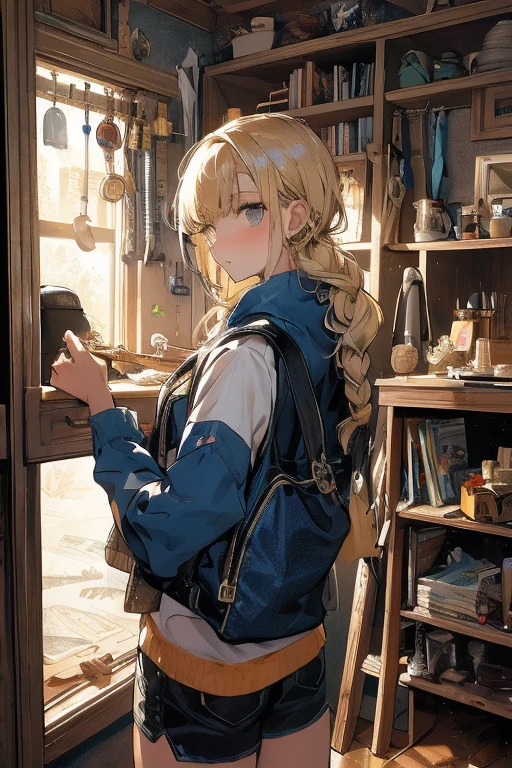 (the above:1.2, top quality), girl ,  platinum hair 、masterpiece,  top quality,  very detailed, 16k,  super high resolution ,  cowboy shot leading to the climax,  One Girl,  detailed face , Perfect means,  golden eyes,  blonde alone,  braided ,  Vest with Lots of Pockets ,  shorts, Explorer knife, Safari Hat, compass, telescope, map,   cluttered room with lots of knick-knacks, Organization Tools 