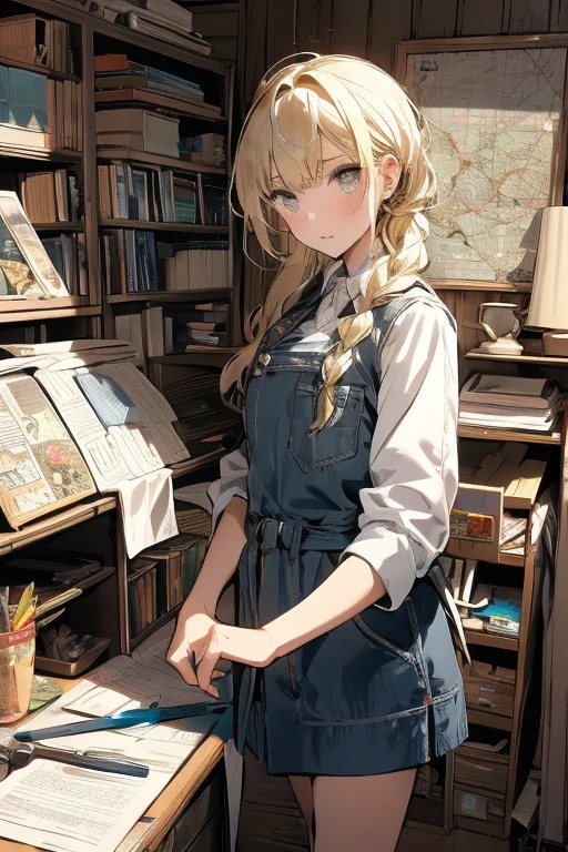 (the above:1.2, top quality), girl ,  platinum hair 、masterpiece,  top quality,  very detailed, 16k,  super high resolution ,  cowboy shot leading to the climax,  One Girl,  detailed face , Perfect means,  golden eyes,  blonde alone,  braided ,  Vest with Lots of Pockets ,  shorts, Explorer knife, Safari Hat, compass, telescope, map,   cluttered room with lots of knick-knacks, Organization Tools 