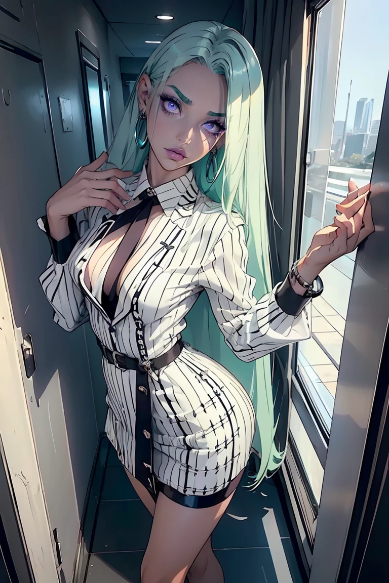 Goddess ((goddess-like woman)), slim, elegant silhouette, masterpiece, best quality, pale skin, fair skin, sweet face, (masterpiece: 1.2, best quality), (real picture, intricate details), (1 lady, solo, medium , small waist, ), ((Jinx/LOL)), beautiful face, kissable lips, very long mint green hair, hair slicked back, (very long mint green hair), mint green hair,(Purple eyes, Eye color: purple), purple glowing eyes, glowing eyes, crazy eyes, she has an impressive presence., bracelet, hoop earring, beautiful face, perfect makeup, Beautiful Eyes, big eyes, she looks at the viewer, Beautiful Eyes, big eyes she looks at the viewer, she is wearing a black white Houndstooth Retro Wool Dress, Businesswoman, dressed appropriately for work, she is an executive, tw00lj4ck3t, short dress, Houndstooth pattern, see-through, long sleeves, black white checkered dress, sweet irresistible smile, elegant pose, elegant hands, beautiful hands, perfect fingers, A woman in a black and white checkered short dress and heels,  background: large festival hall, luxury, bright white room, gala