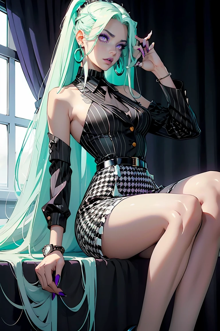 Goddess ((goddess-like woman)), slim, elegant silhouette, masterpiece, best quality, pale skin, fair skin, sweet face, (masterpiece: 1.2, best quality), (real picture, intricate details), (1 lady, solo, medium , small waist, ), ((Jinx/LOL)), beautiful face, kissable lips, very long mint green hair, hair slicked back, (very long mint green hair), mint green hair,(Purple eyes, Eye color: purple), purple glowing eyes, glowing eyes, crazy eyes, she has an impressive presence., bracelet, hoop earring, beautiful face, perfect makeup, Beautiful Eyes, big eyes, she looks at the viewer, Beautiful Eyes, big eyes she looks at the viewer, she is wearing a black white Houndstooth Retro Wool Dress, Businesswoman, dressed appropriately for work, she is an executive, tw00lj4ck3t, short dress, Houndstooth pattern, see-through, long sleeves, black white checkered dress, sweet irresistible smile, elegant pose, elegant hands, beautiful hands, perfect fingers, A woman in a black and white checkered short dress and heels,  background: large festival hall, luxury, bright white room, gala