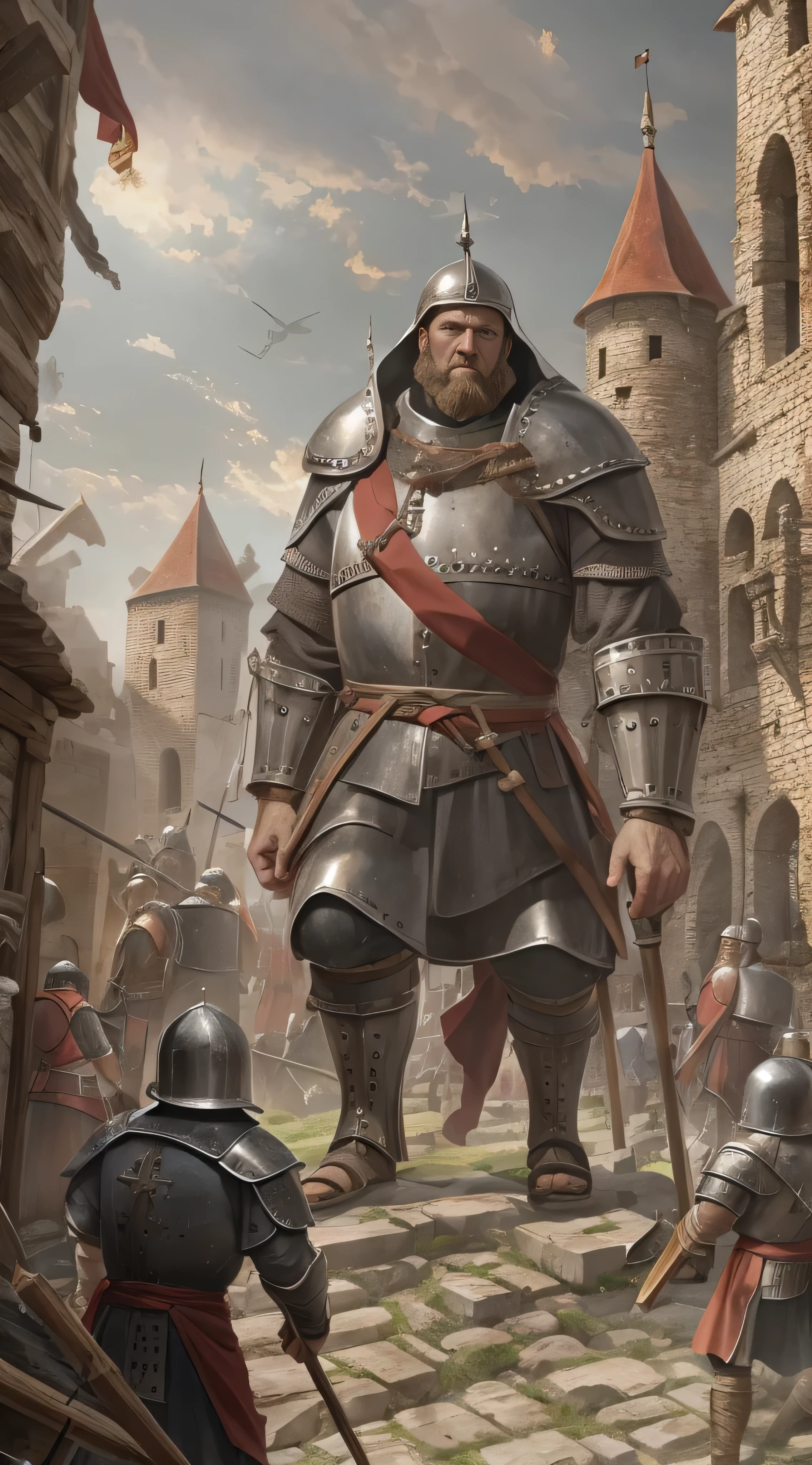  images of giants high-definition images of medieval towns Giants taller than ，whole body,  HD Art Style, Battle a medieval town 　 buildings have exhausted their destruction。 with Crusader soldiers。