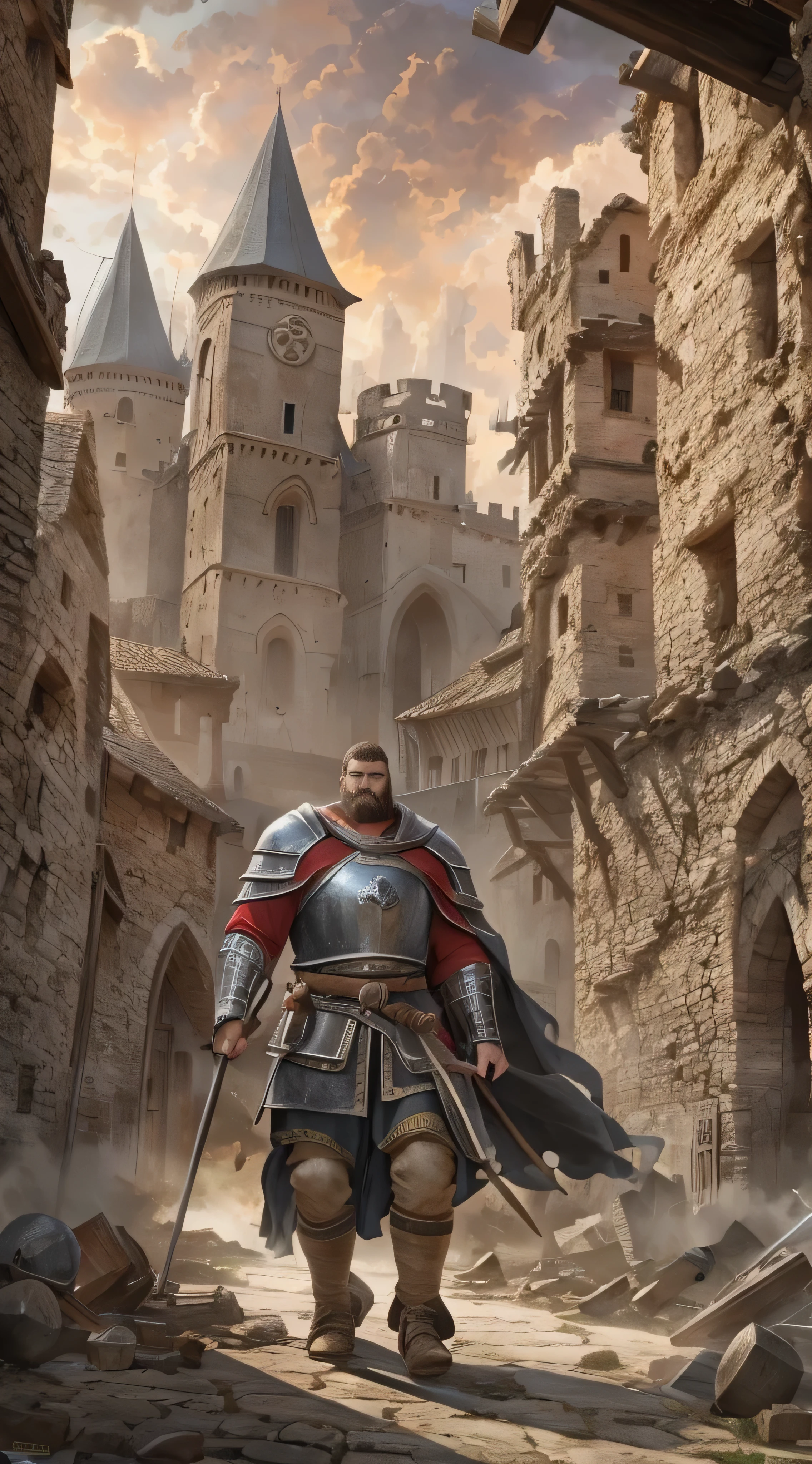  images of giants high-definition images of medieval towns Giants taller than ，whole body,  HD Art Style, Battle a medieval town 　 buildings have exhausted their destruction。 with Crusader soldiers。