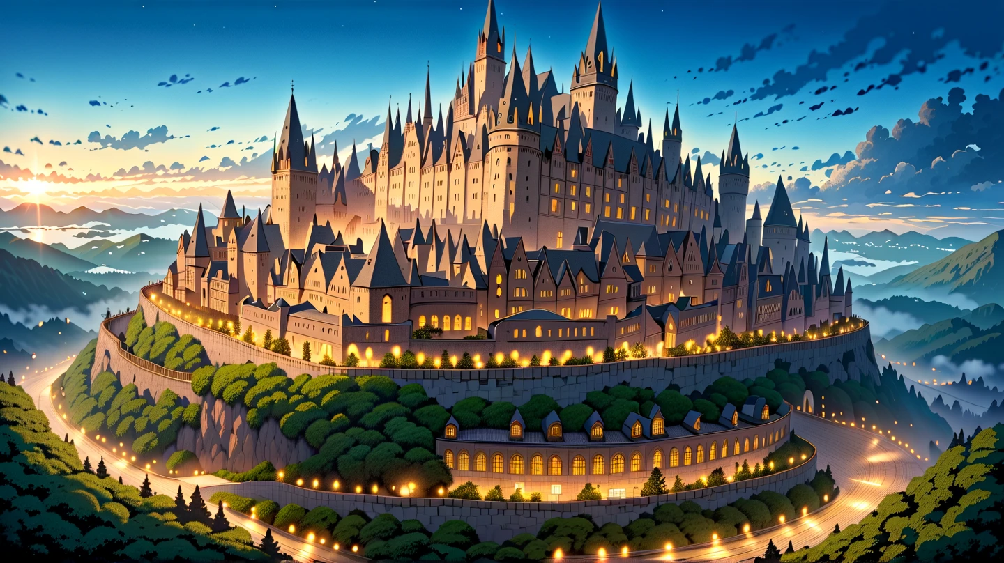 (masterpiece, ultra detailed, top quality:1.4), (Studio Ghibli, animation, PEAnimeBG), BREAK (huge peach moons:1.7), huge medieval European castle town, distant night view from above.