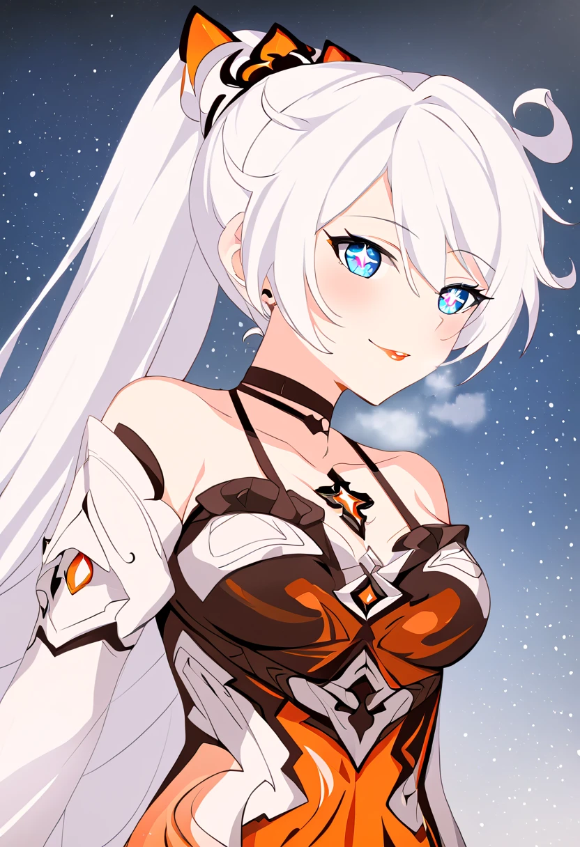 score_9, score_8_up, score_7_up, masterpiece, best quality, very aesthetic, absurdres, 1girl, adult grown woman, solo, cowboy shot, kiana, Hofi_Def, kiana kaslana \(honkai impact 3rd\), herrscher of finality, white hair, ahoge, ponytail, very long hair, blue eyes, symbol-shaped pupils, glowing eyes, eyeliner, blush, lips seductive smile, heavy breathing, gothic modern outfit, black off-shoulder dress with white ruffled sleeves, leather harness garters, golden buckle belt, minimalist choker with crescent pendant, moon and star earrings, subtle gothic charm, casual elegance