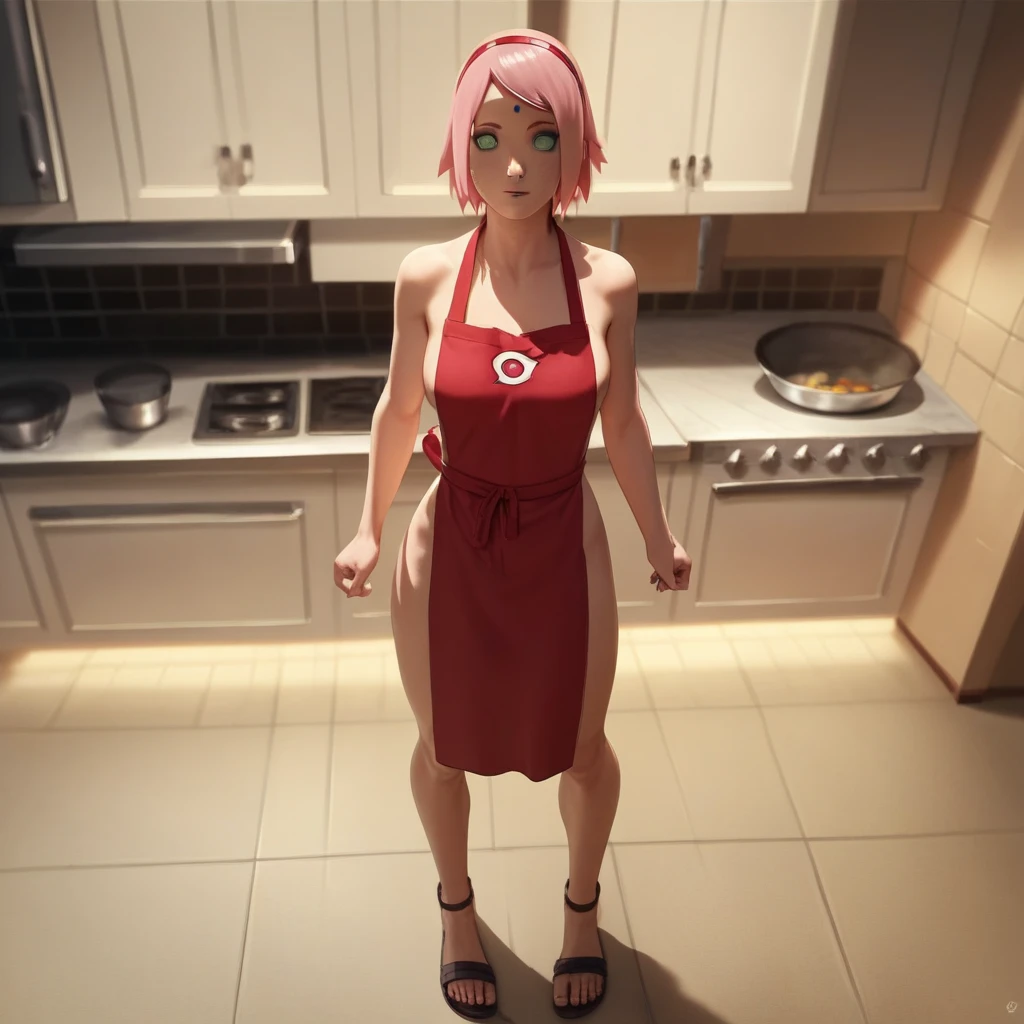 Masterpiece, High Resolution, Anatomically Correct, Best Quality, Super Detailed, Textured Skin, Unreal Engine, Full Body, Image Fill, Sakura Haruno (NARUTO), Short Hair, Pink Hair, Breasts, Green Eyes, Wide-Angle, Red Hairband, Cinematic Lighting, Romanticism, Red Naked Apron, Kitchen