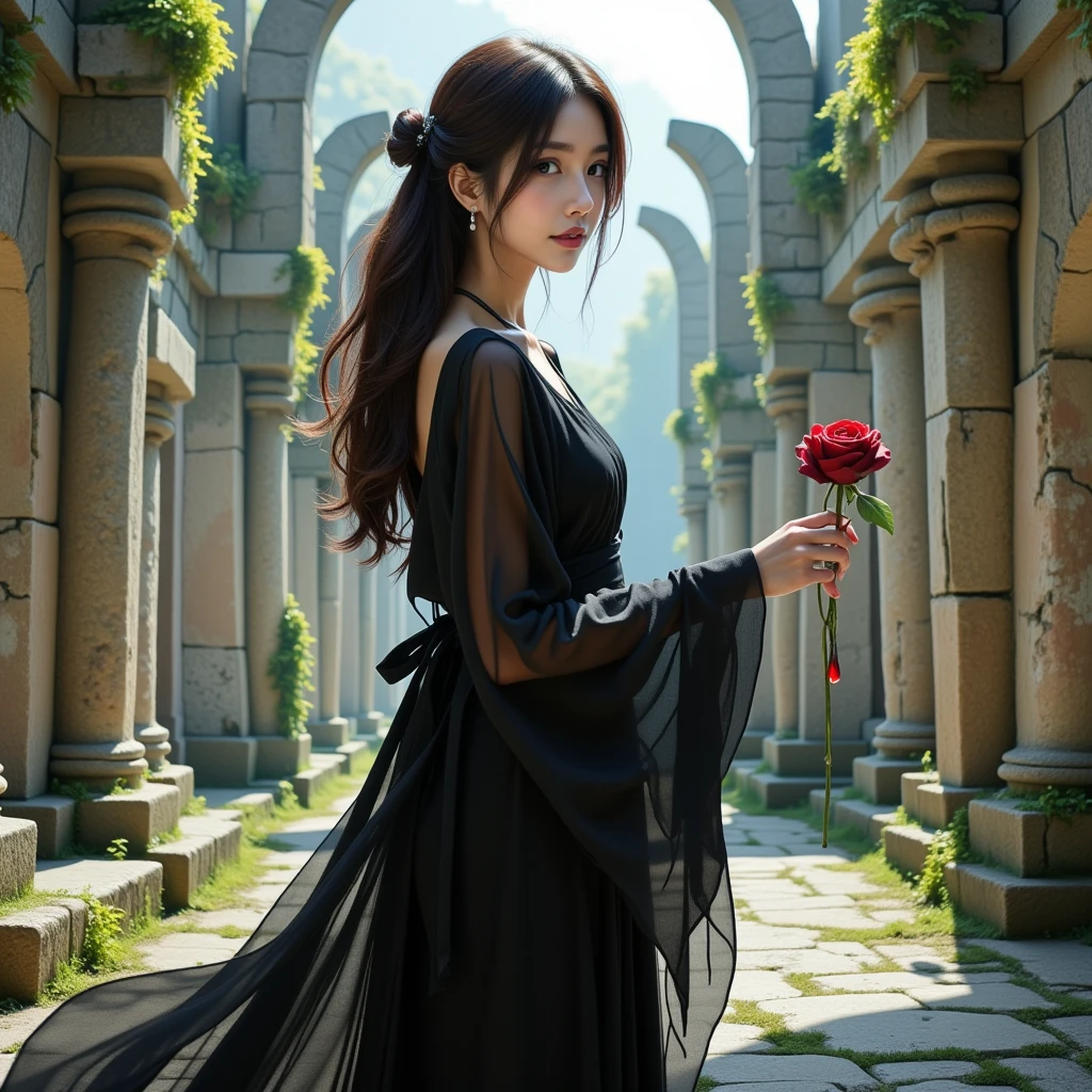 sprit of the wind,by Bastien Lecouffe, A delicate illustration of a young asian woman with lonh wavy, ash-brown hair and striking eyes, standing gracefully amidst ancient ruins. She is dressed in a flowing black dress with semi-transparent sleeves, intricately designed with layered fabric that exudes elegance and mystery. The dress features a ribbon tied neatly around her waist, accentuating her refined posture. In her hand, she holds a single dark rose with a subtle drop of crimson dripping from its petals, symbolizing a sense of melancholy beauty. The background reveals towering ruins of weathered stone pillars and crumbling arches, partially covered in moss and vines, suggesting a timeless, forgotten civilization. Soft natural light filters through the openings in the ruins, casting gentle shadows that enhance the ethereal atmosphere. The setting blends a sense of mystery with elegance, drawing the viewer into a serene yet enigmatic moment.