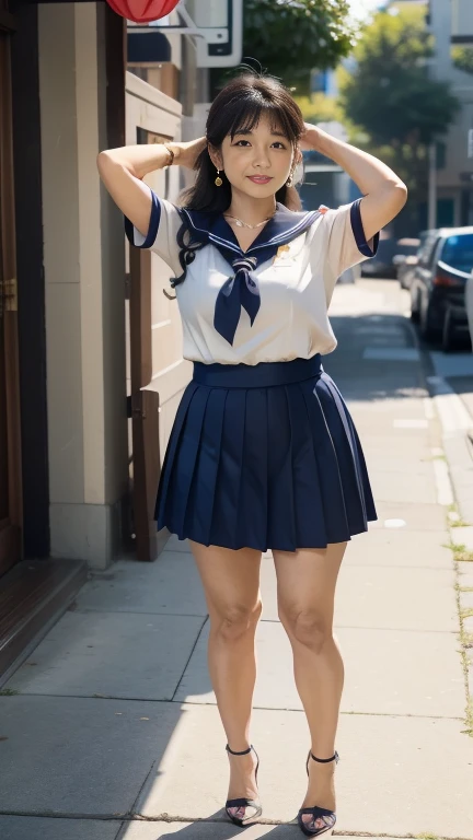 full body shot, from below,  japanese mature, 60 years old,  detailed face , smile, Facial wrinkles, Wrinkles around the eyes,  Detailed Skin Textures ,  white skin,  long hair , (curvy body,  plump thighs:1.3), (earrings,  Necklaces ,  sailor suit, school uniform, sailor uniform, sailor collar, sailor collar ribbon, Short sleeve,  navy blue pleated micro mini skirt:1.2), ( wears high heels:1.2), (Standing on the sidewalk,  full body shot from toe to head wearing black high heels,:1.2), (surrealism, best quality, ultra detailed, absolutely resolution, 8k, anatomically correct), depth of field, looking at viewer, (TI), (kz),  detailed face , full body, arms ups, 60 years oldの熟女がコスプレしている 