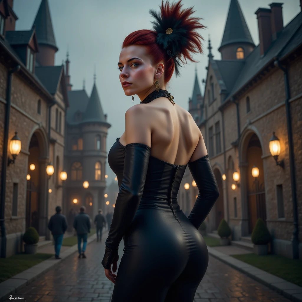 ((femme européenne épaisse)), ((corps parfait)), ((((NSFW)))) (gros cul), (Canon Mark V, faible exposition, contraste élevé, ISO faible, photo détaillée, effet bokeh), Portrait nu explicite d'une femme européenne gothique épaisse (pose de modèle professionnel de dos), avec un cul énorme. La femme porte des bas résille serrés et a du maquillage noir, with black lips. ombre à paupières noire. coiffure avec frange et nattes. L&#39;arrière-plan est un château gothique sombre. atmosphère sombre, rear view.