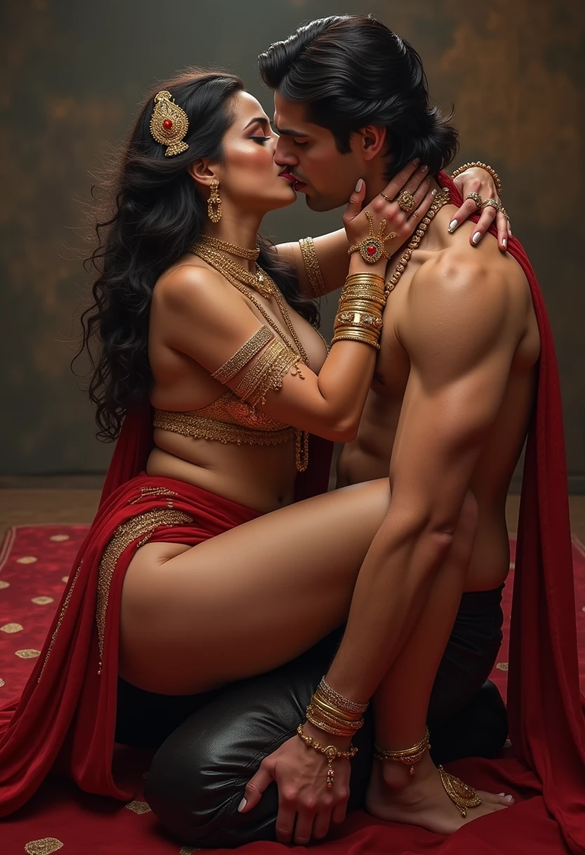 Big Sexy hot Goddess jwellery Full jewellery body full makeup glossy red lips long dupatta she Blackman thaigh goddess sitting in the lap black man tongue kissing each other , goddess six pack abs big Sex attractive buttocks thick thighs