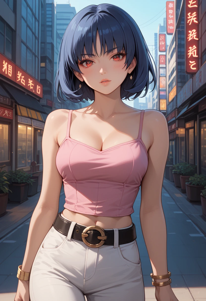 Score_9, score_8_up, score_7_up, score_6_up, source_anime, rating:general, 1girl, upper body, sabrina pokemon, hgsssab, blue hair, medium hair, bare shoulders, cleavage, pink camisole, midriff, belt, white pants, bracelet, stunning red eyes, pale skin, blush, perfect lips, sultry look, looking at viewer, medium sized breasts, neon city background, solo, 8k quality, vivid colors, perfect shadowing, perfect lighting, cowboy shot, looking at viewer, psychic powers, psychic aura 