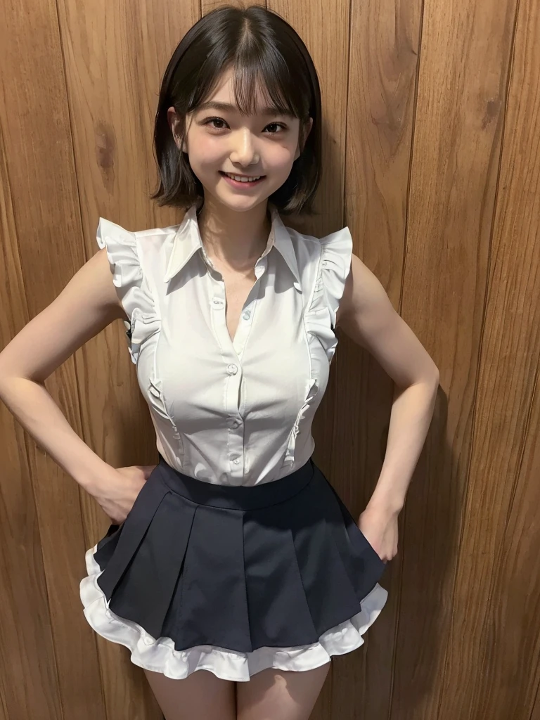 Highest quality、masterpiece、8k、Very detailed、Realistic、One girl、Looking at me with a smile、Black Hair、Short Hair、Small face、Slender、(Big Breasts:1.5)、Thin and beautiful legs、narrow and constricted waist,、Young face、A tight-fitting short-sleeved white shirt with buttons and a collar、Short navy blue pleated skirt、Red ribbon on chest、(Erect nipples:1.2)