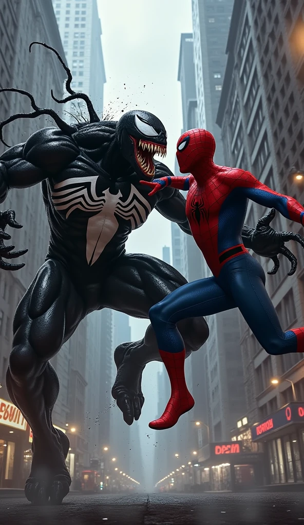 Two spiderman punching venom