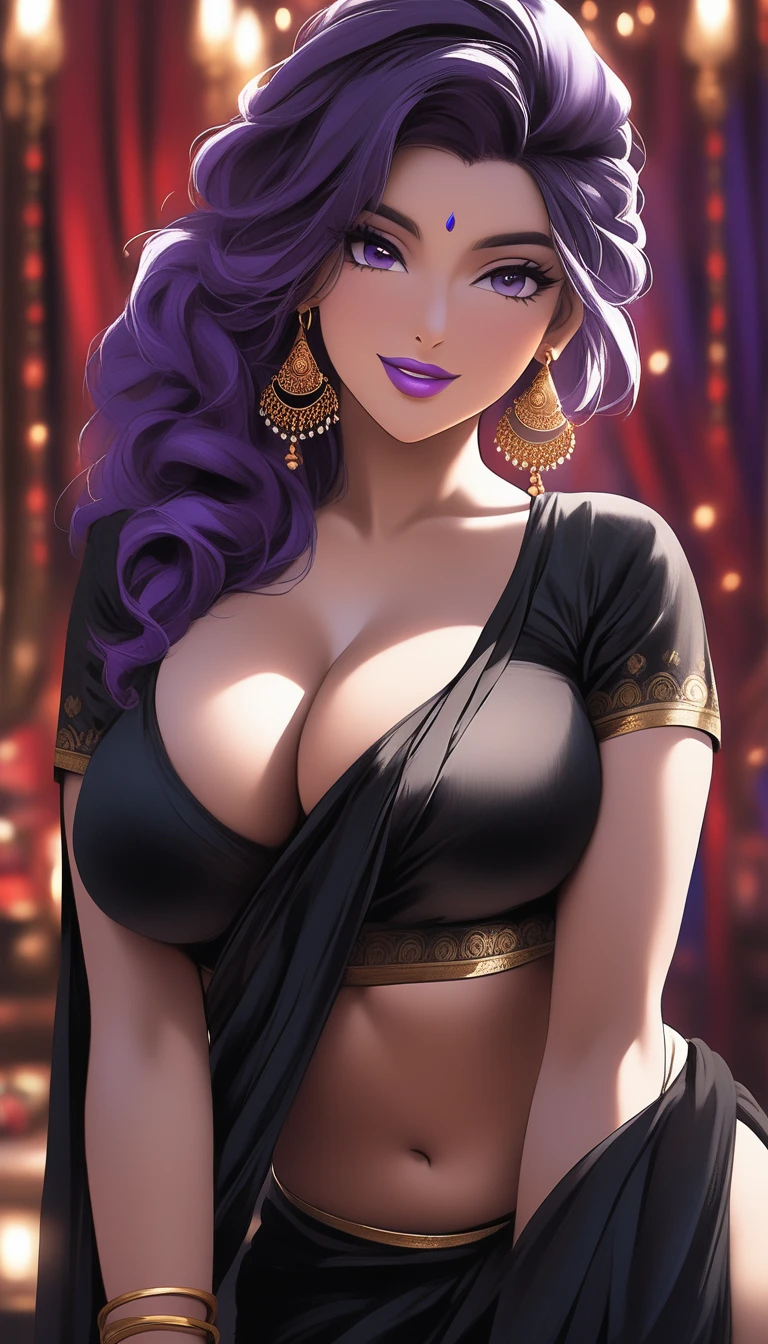 A beautiful indian milf   bending down in front in a designeless plain silk black saree, exposing her ,intricate jhumka earrings, detailed alluring eyes, smooth lips, smiling, red lipstick, exposed navel, bangles, blue ribbon, big saggy breasts, photorealistic, 8k, high quality, masterpiece, cinematic lighting, vibrant colors, intricate details, messy hair, violet eyes, violet hair 