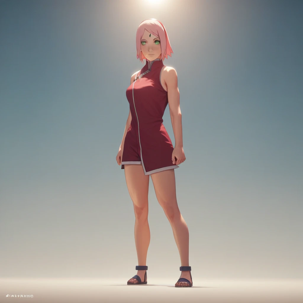 Masterpiece, High Resolution, Anatomically Correct, Best Quality, Super Detailed, Textured Skin, Unreal Engine, Full Body, Image Fill, Sakura Haruno (NARUTO), Short Hair, Pink Hair, Breasts, Green Eyes, Wide-Angle, Red Hairband, Cinematic Lighting, Romanticism, Red Sexy Female Ninja Armor, Training Field