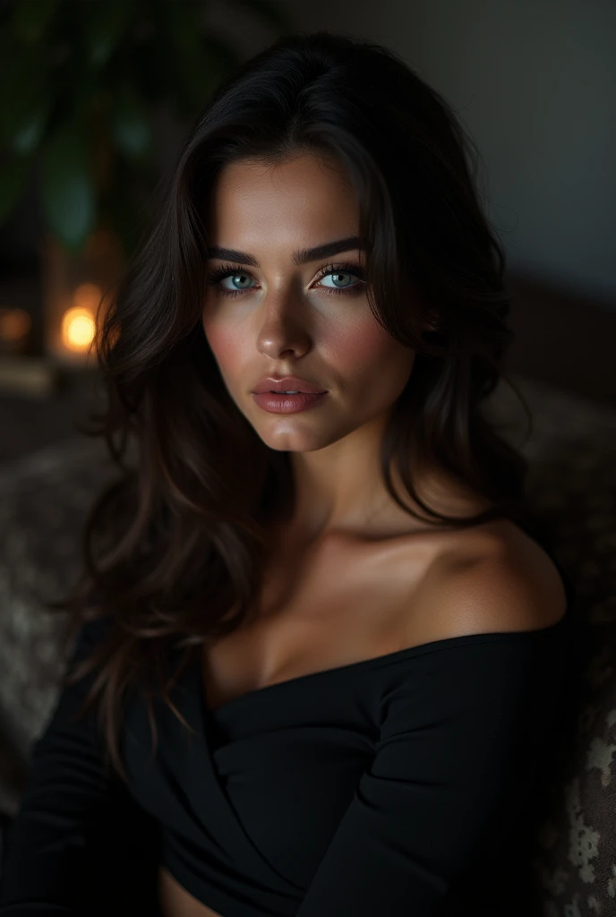 ultra-detailed photography of'une fille belle et sexy, selfie dans une chambre, porter un t-shirt noir, enjoy, Fille, SUMMER, fille chaude, (((medium bust))), dark brown hair, regarde la caméra, symmetrical face and front view, Photorealistic, Photo, Spectacular lighting, splendid, vest, (head of'artwork), best quality, high resolution, extremely detailed, skin with pores, Blurred background, depth of field, Cinematic lighting