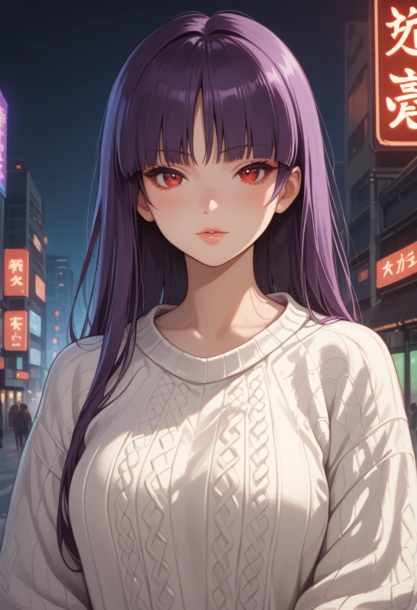 Score_9, score_8_up, score_7_up, score_6_up, source_anime, rating:general, 1girl, upper body, sabrina pokemon, purple hair, long hair, hime cut, stunning red eyes, pale skin, blush, perfect lips, sultry look, looking at viewer, oversized sweater, casual, medium sized breasts, neon city background, solo, 8k quality, vivid colors, perfect shadowing, perfect lighting, cowboy shot, looking at viewer, psychic powers, psychic aura 