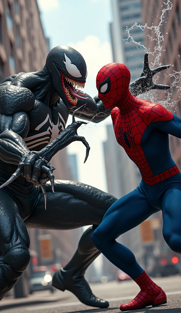 Spiderman hitting punch to venom at air