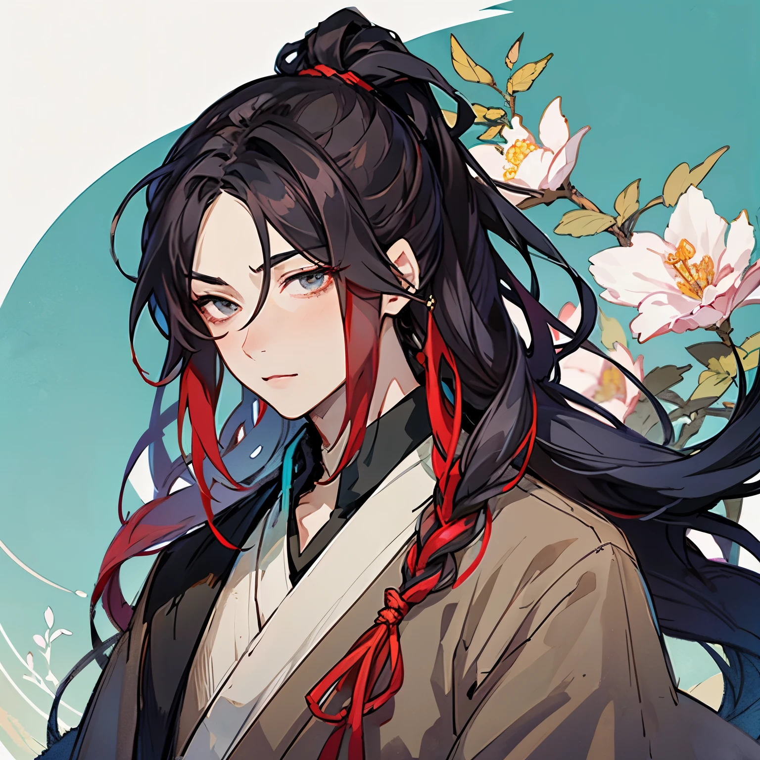  Chinese Tang period drama 、 black Hanfu and gray coat 、 long black hair with red hair string tied back hair、bL、 bewitching and ephemeral beauty solo ,  very long hair,  high definition ,  anatomically correct, Character portrait,  character design drawing, Chinese anime 、Demon Dao Ancestor、Wei Wuxian，Higan flowers blooming profusely