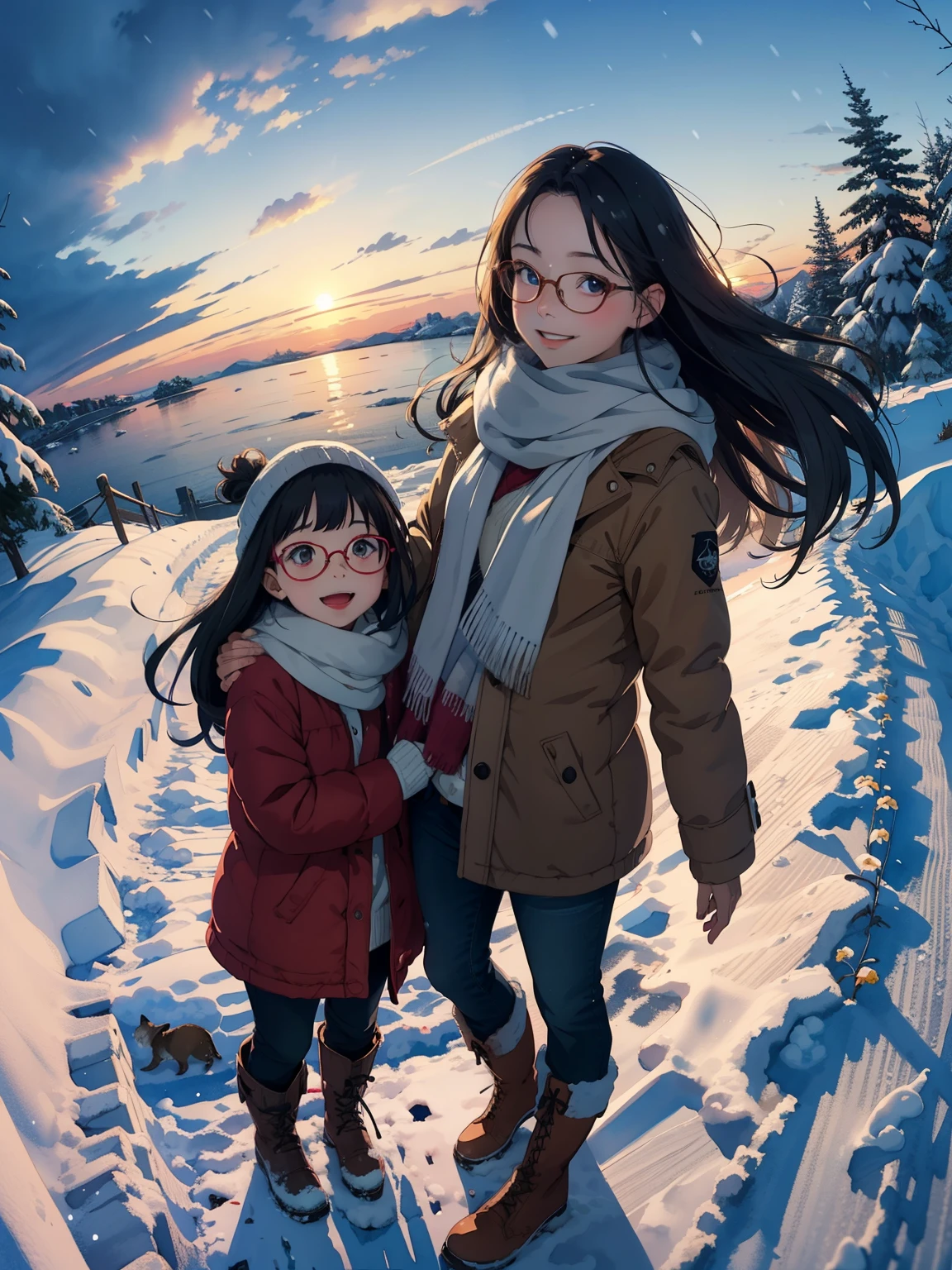 masterpiece，  top quality， high image quality，(  super flat ，  Flat Shading  )，  fisheye lens，Beautiful petite trained young mother and very cute trained daughter:1.25，  warm scarf ，(naked)，  long hair, Glasses，     boots, smile, smile, White Breath，fun, play, winter, snow, 新snow，dusk， Beautiful Sunsets ，Wide angle,     bright color , watercolor,  Ghibli style ，Strong winds，  girl&#39;Lure，