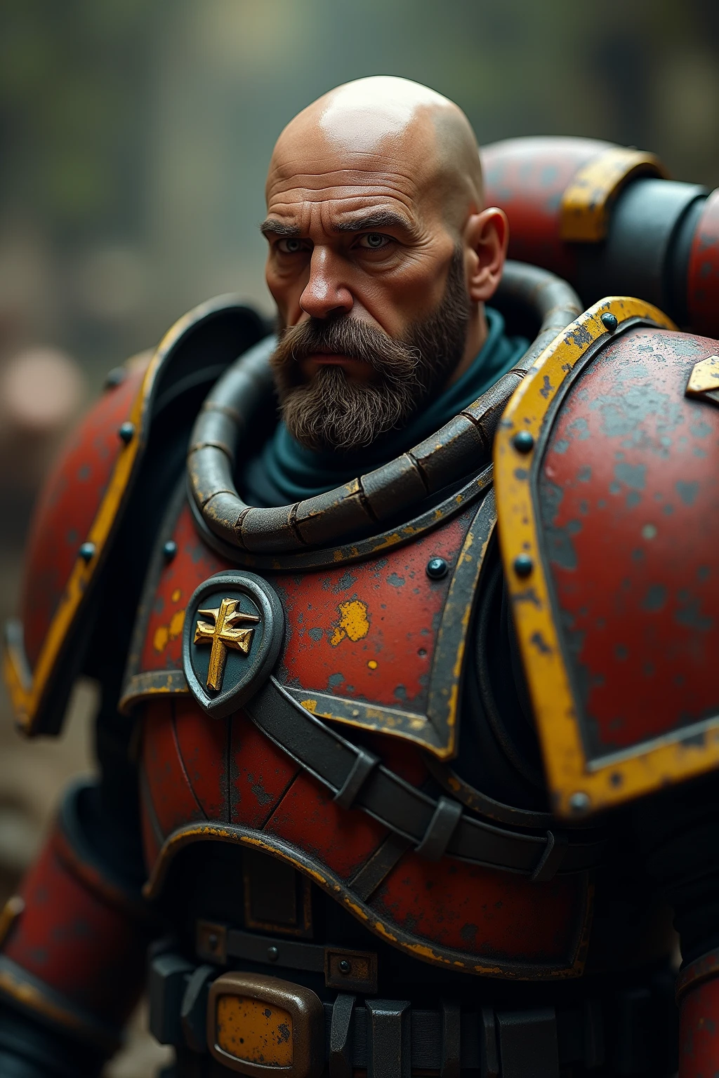 score_9, score_8_up, score_7_up, score_6_up, photorealistic, full body photo, male, space marine, short hair, gray hair, gray beard, muscular, space armor, (bloody armor), blood drops on face, in hot desert, looking at viewer, stern look, depth of field, bokeh