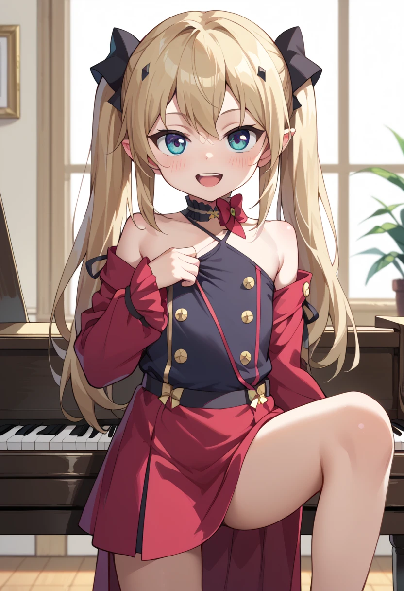 (( top quality)), ((masterpiece)), (be familiar with),  perfect face, indoor, bedroom, looking at the viewer,
One woman, Krull Tepesi ,
 open mouth,  ecstatic expression beside the piano, blush, smile,
 small ,  flat chested, Young girl, Lori,  kids,  girl,
 long hair,  twin tails,
Leg spread,