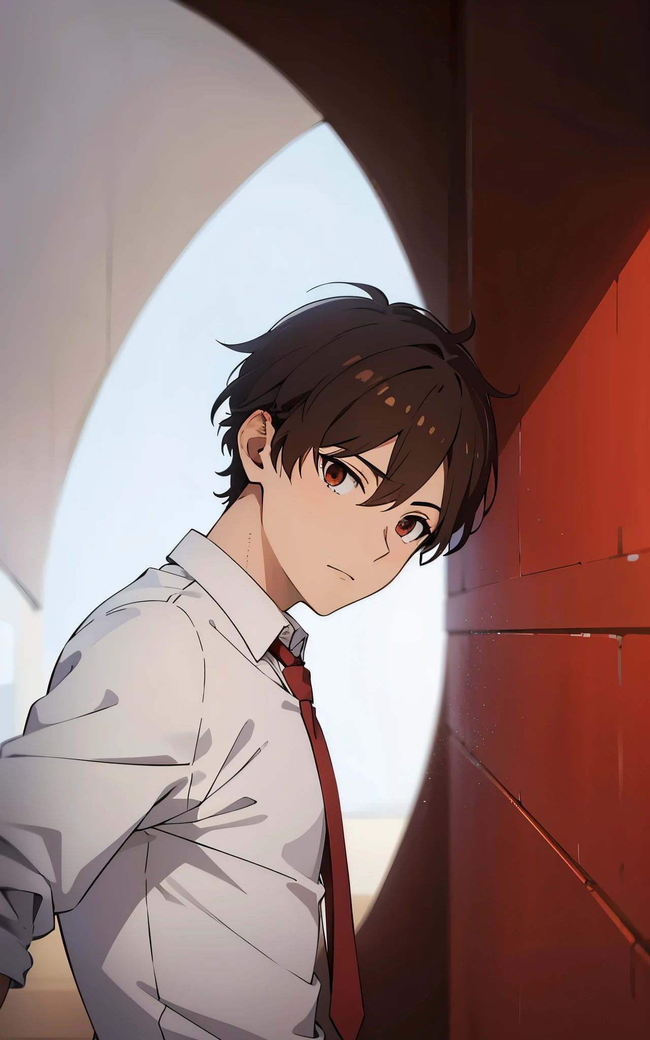 Anime boy brown head, wearing white shirt, red tie, looking back, turning , school hallway , full sleeves 