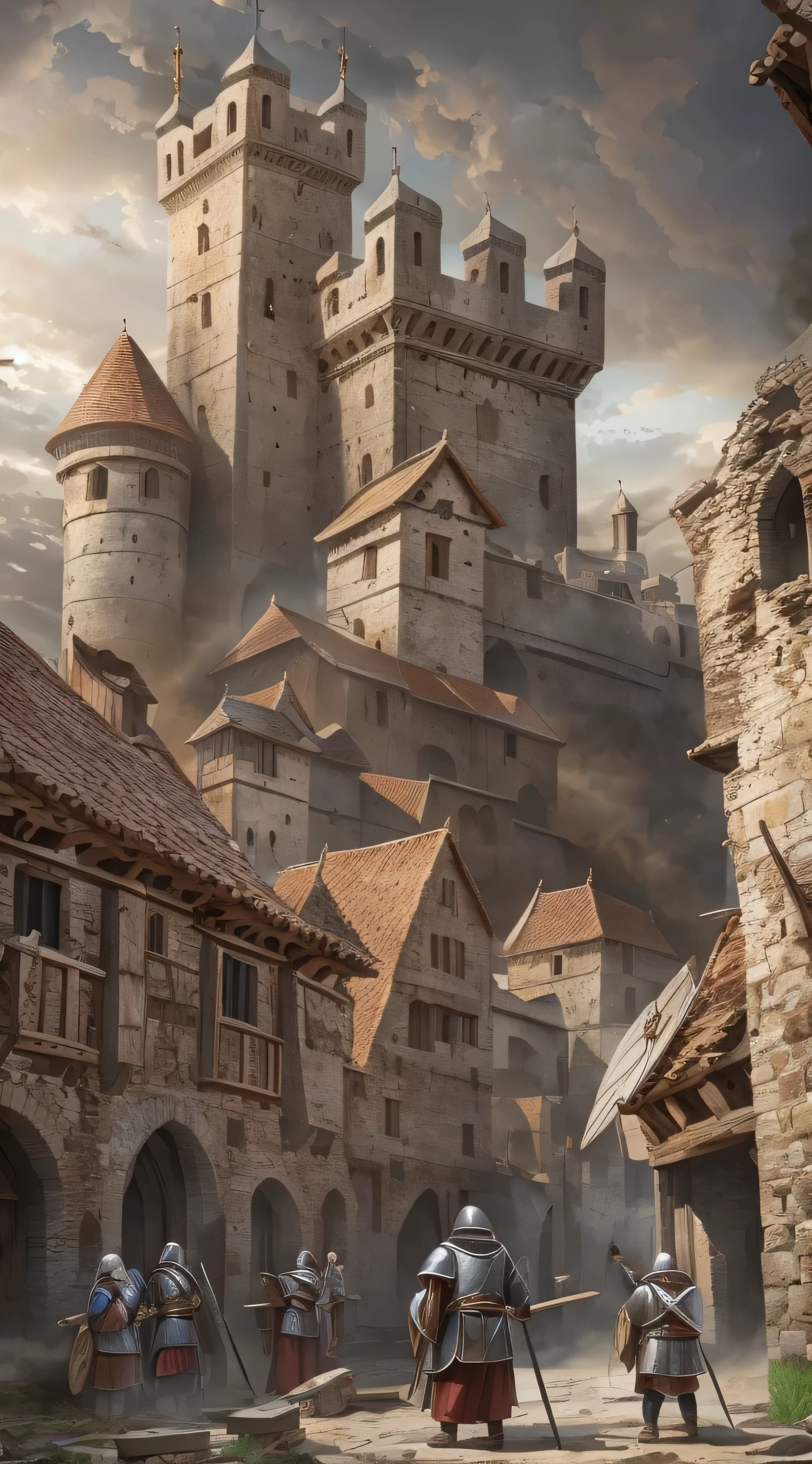  images of giants high-definition images of medieval towns Giants taller than ，whole body,  HD Art Style, Battle a medieval town 　 buildings have exhausted their destruction。 with Crusader soldiers。