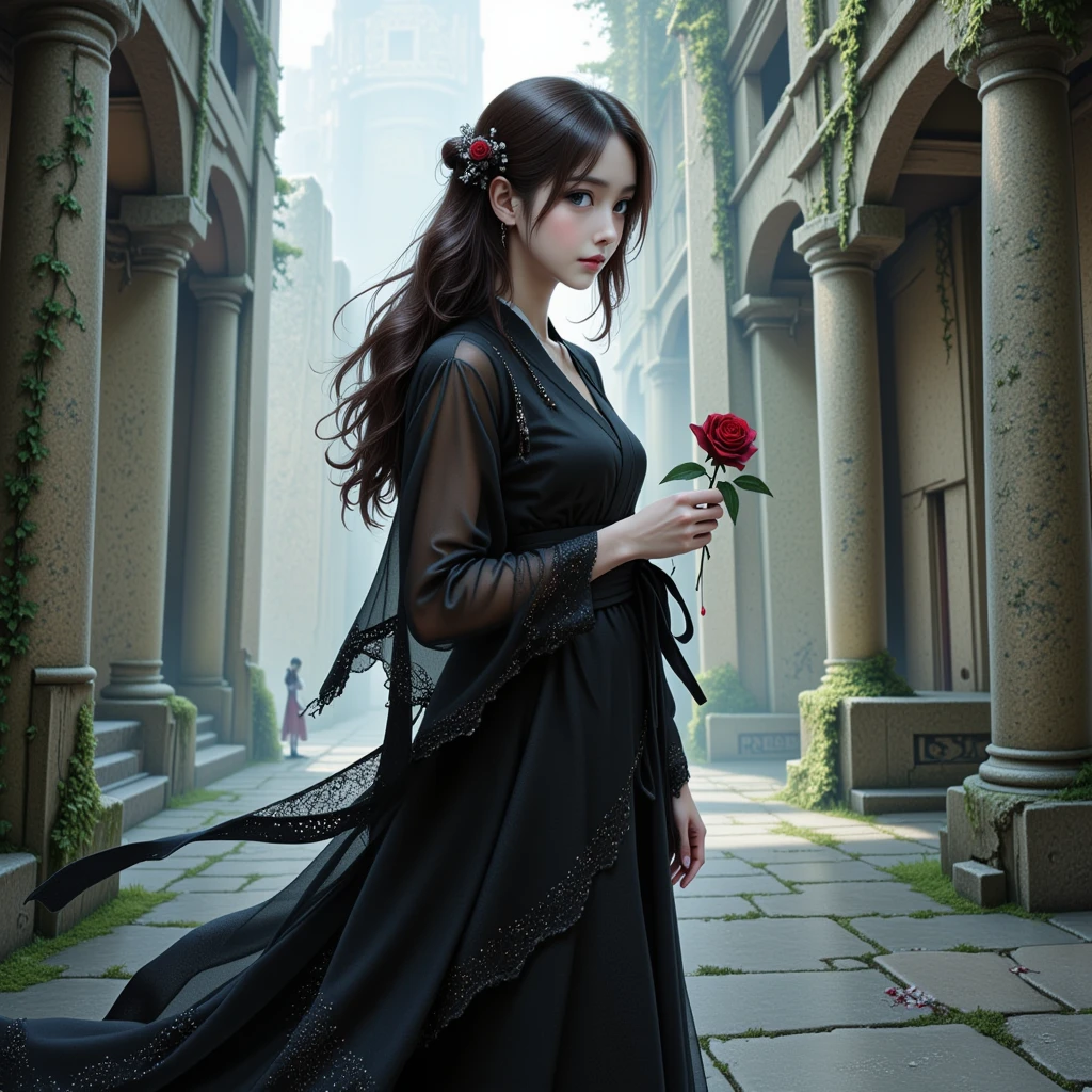 sprit of the wind,by Bastien Lecouffe, A delicate illustration of a young asian woman with lonh wavy, ash-brown hair and striking eyes, standing gracefully amidst ancient ruins. She is dressed in a flowing black dress with semi-transparent sleeves, intricately designed with layered fabric that exudes elegance and mystery. The dress features a ribbon tied neatly around her waist, accentuating her refined posture. In her hand, she holds a single dark rose with a subtle drop of crimson dripping from its petals, symbolizing a sense of melancholy beauty. The background reveals towering ruins of weathered stone pillars and crumbling arches, partially covered in moss and vines, suggesting a timeless, forgotten civilization. Soft natural light filters through the openings in the ruins, casting gentle shadows that enhance the ethereal atmosphere. The setting blends a sense of mystery with elegance, drawing the viewer into a serene yet enigmatic moment.