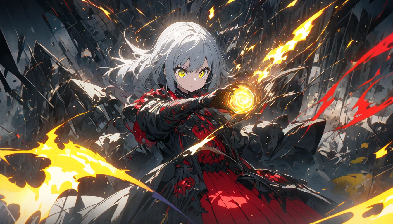 "4k Fantasy chaotic Scene: An white haired with green eyes human lying weakly in the midst of a chaotic battlefield, they look desperate illuminated by flickering flames, surrounded by blue flames."