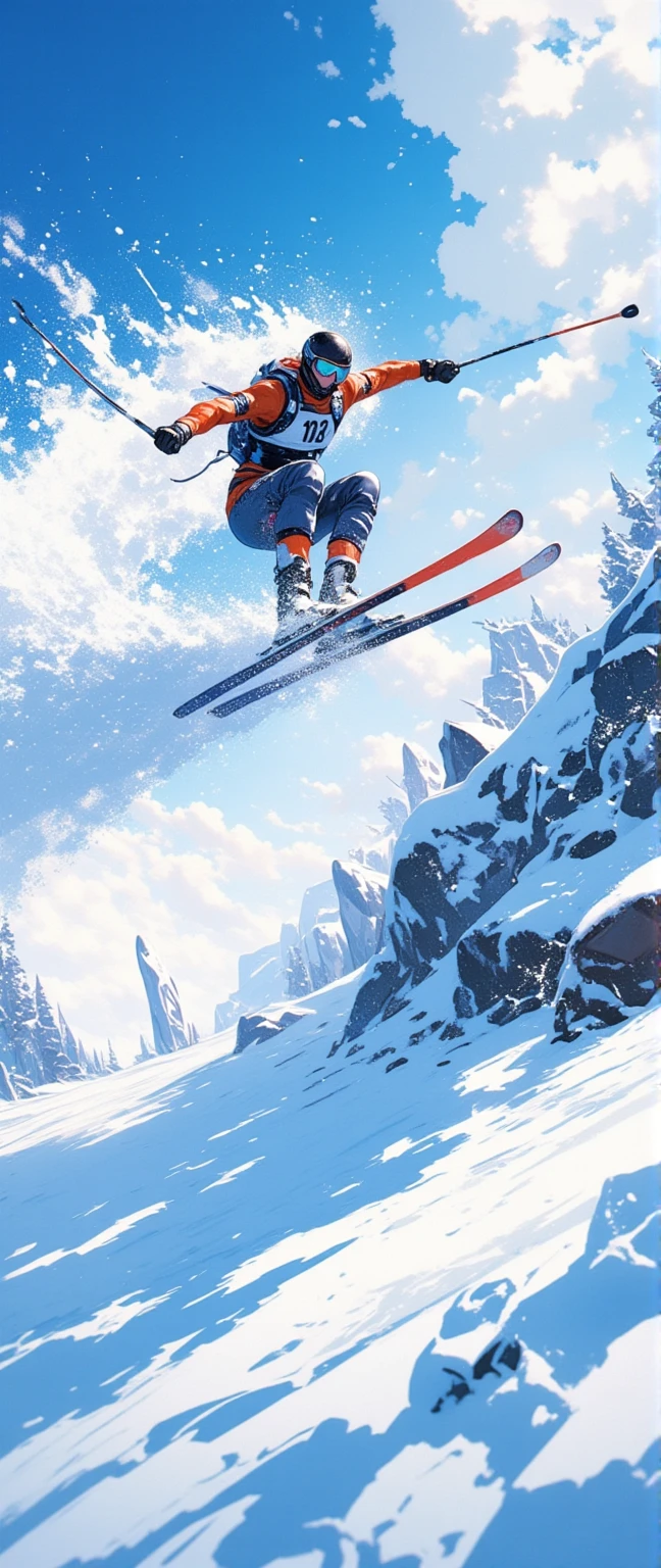 2comic panels, dynamic Ski Sprint scene, jump in the air, snow splash, motion blur, beautiful, realistic, close up shot from below.stylish,cool,speedy,high speed,Hong Kong action cinema style