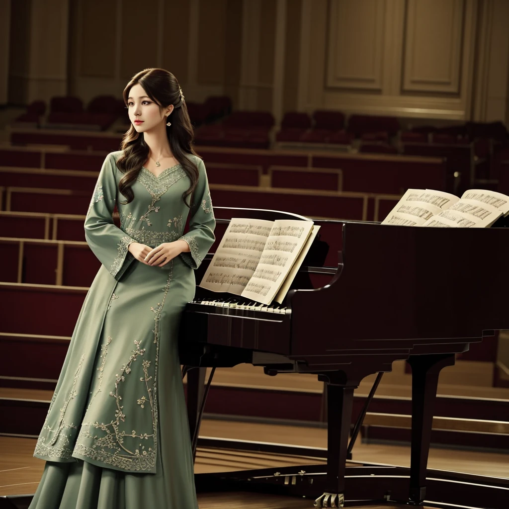 A beautiful woman in her 30s, listening to the piano in a concert hall, semi-long hair style, muted colors, dress with delicate green embroidery