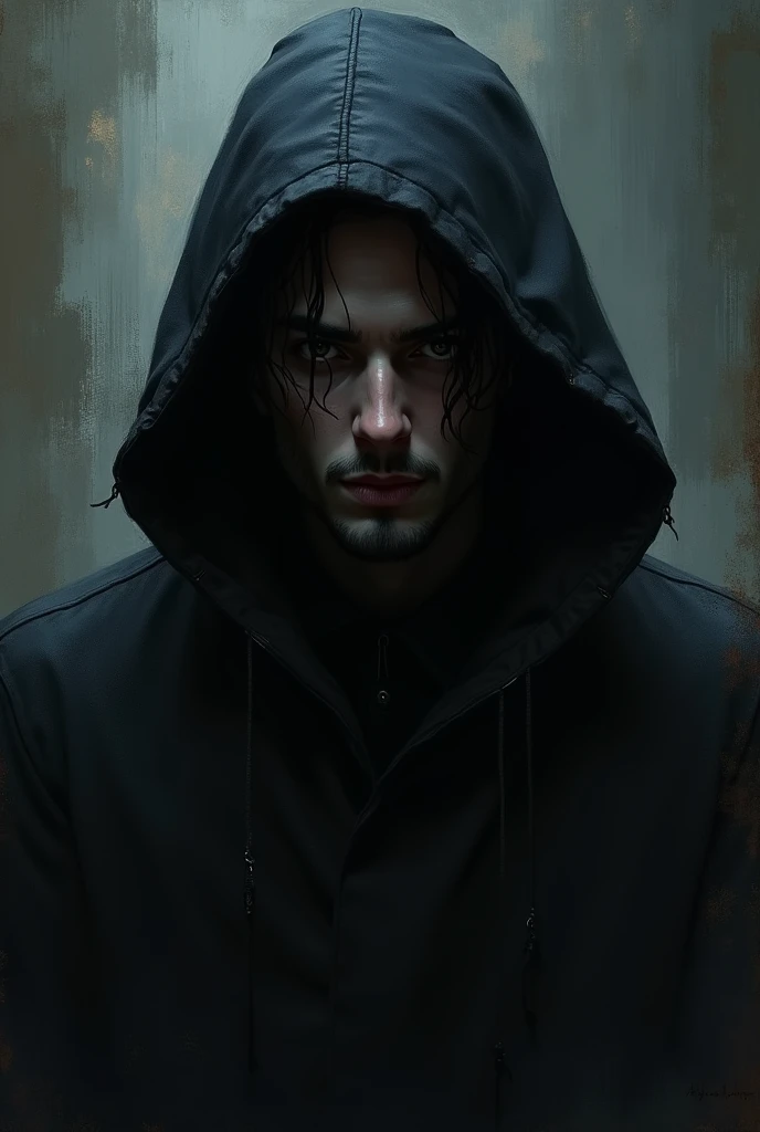 A man with dark clothes, including a hood that covers a large part of his face, leaving only his eyes showing. He exudes an aura of mystery, with a penetrating gaze that suggests he knows more than he lets on.