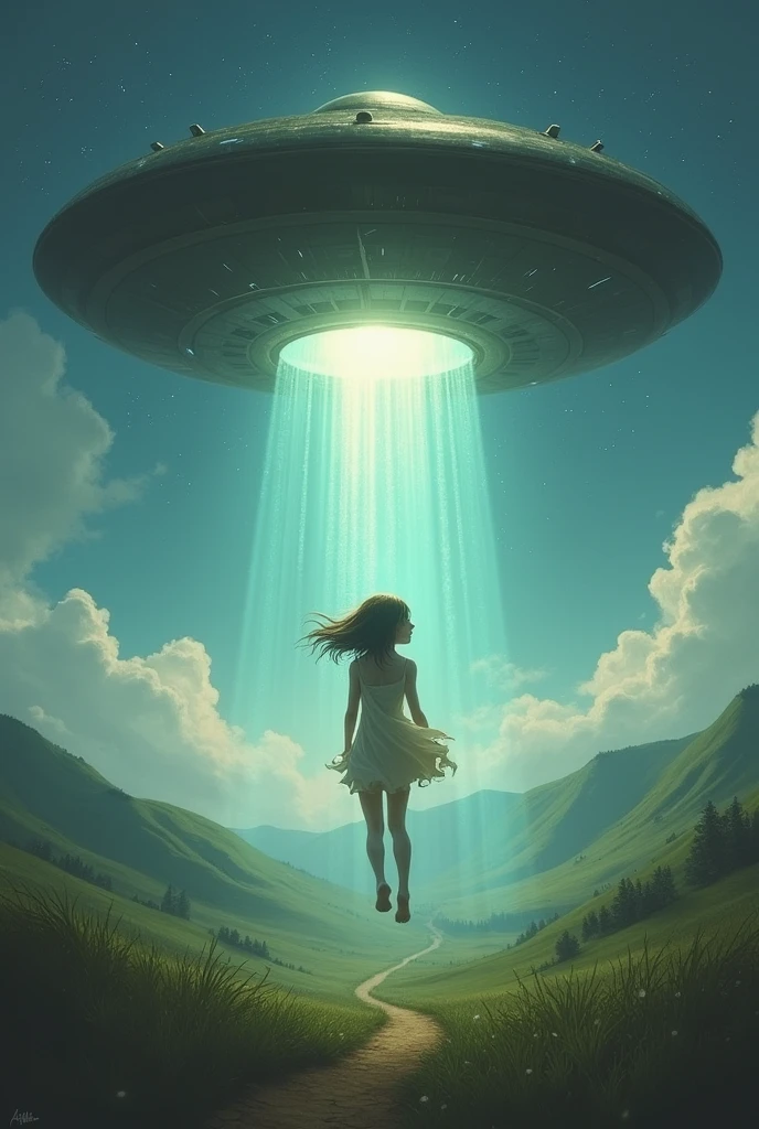 A woman being abducted by an alien